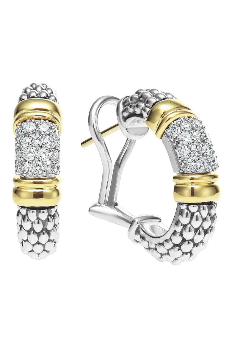 Signature Caviar Pavé Diamond J Hoop Earrings, Alternate, color, TWO-TONE