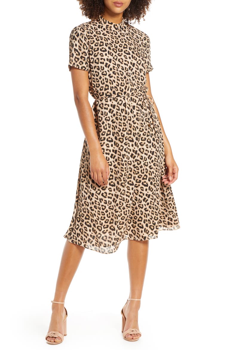 Leopard Mock Neck Short Sleeve Dress, Main, color, LEOPARD