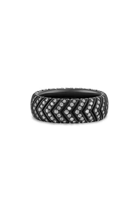 Men's Chevron Band Ring in Black Titanium with Diamonds, 8mm