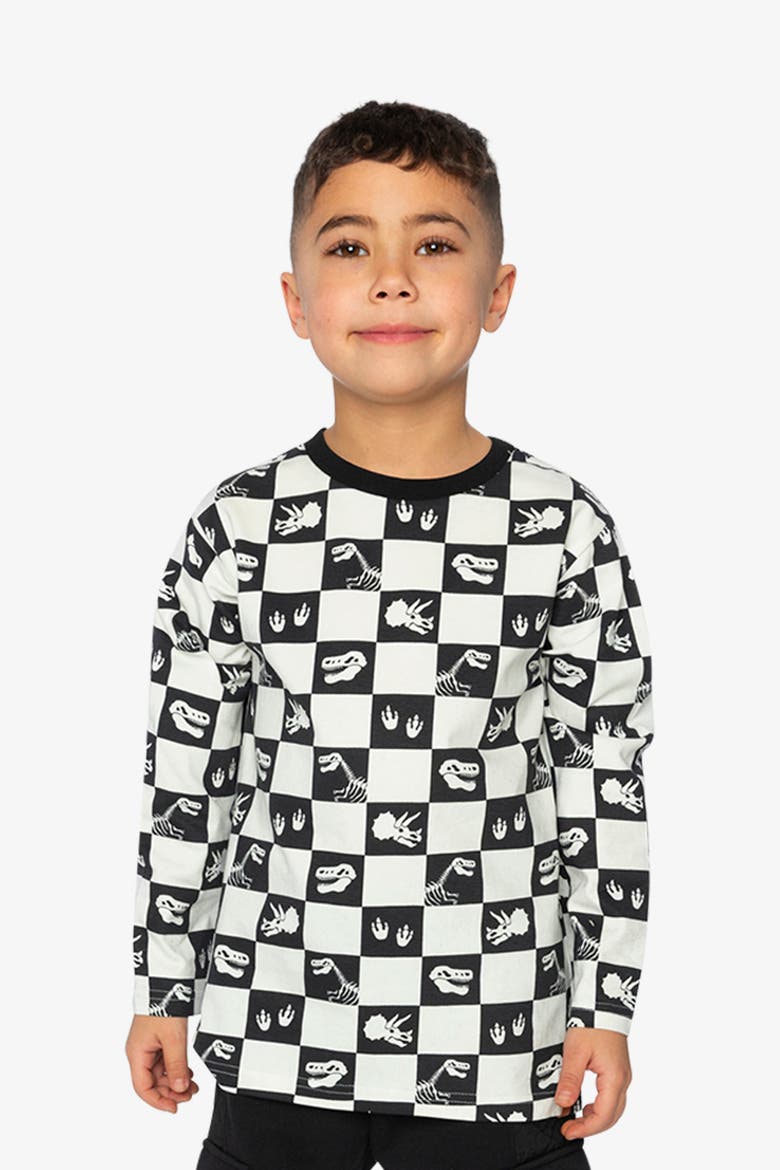 Organic Cotton Checkerboard Dino Icon Long Sleeve T-Shirt, Alternate, color, Black and White Checker