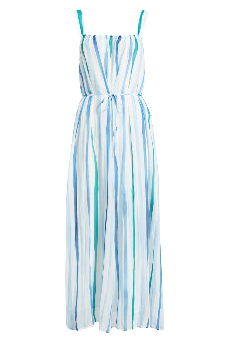 Vertical Stripe Pleated Tie Waist Midi Dress, Alternate, color, SEA GLASS BRUSH STROKE