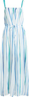 Cloth & Stone Vertical Stripe Pleated Tie Waist Midi Dress