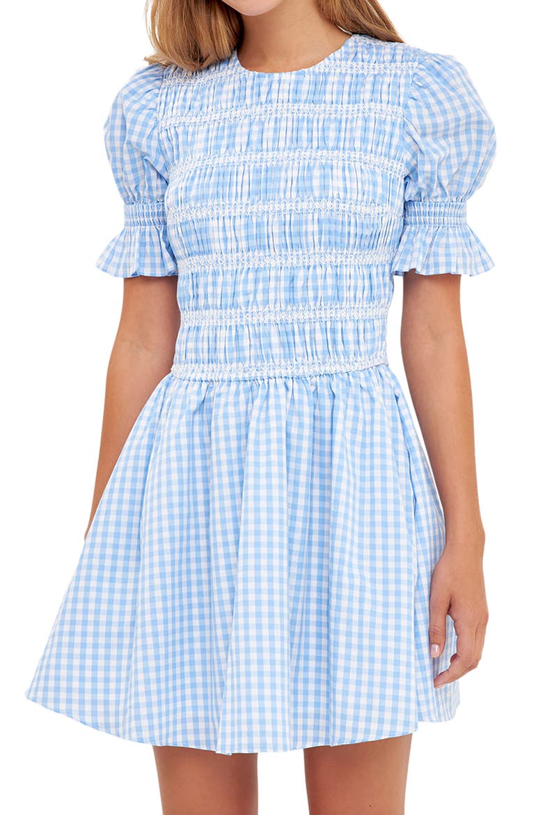 Smocked Gingham Print Cotton Minidress, Alternate, color, OCEAN BLUE