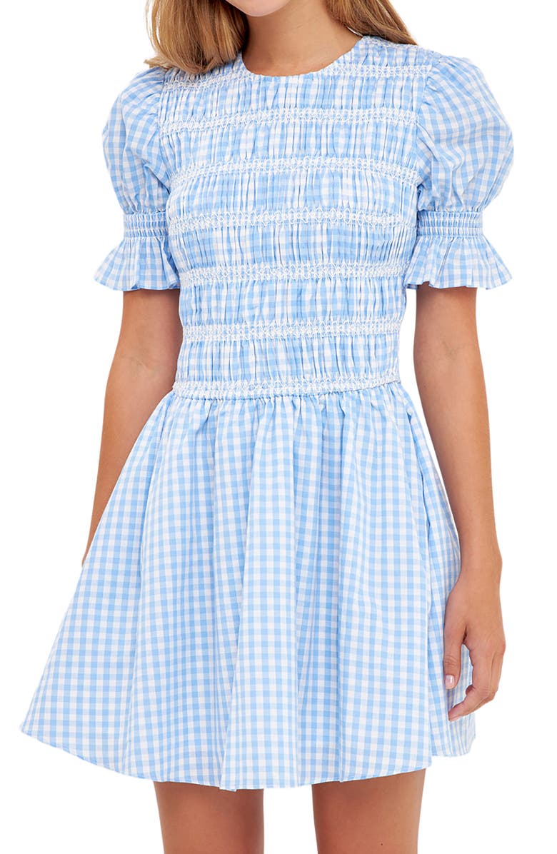 English Factory Smocked Gingham Print Cotton Minidress, Alternate, color,