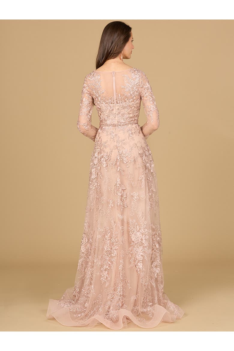 Long Sleeve V-Neck Lace Gown with Beaded Belt, Alternate, color, Blush