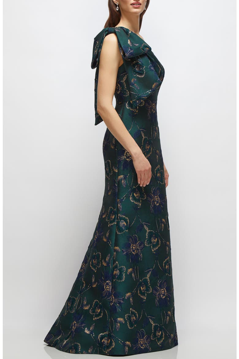 One-Shoulder Metallic Floral Jacquard Trumpet Gown, Alternate, color, EVERGREEN FLORAL