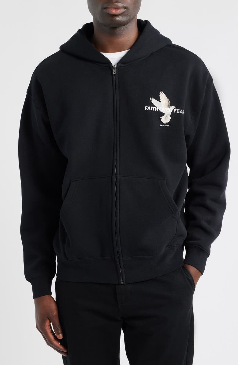 SANTO STUDIO Faith over Fear Cotton Fleece Zip Hoodie, Alternate, color, Black