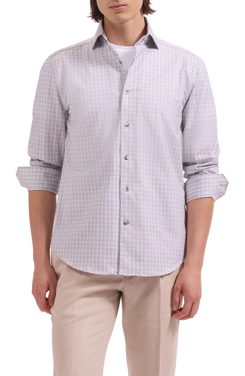 Bugatchi Devon OoohCotton<sup>®</sup> Shadow Plaid Button-Up Shirt, Main, color, Sand