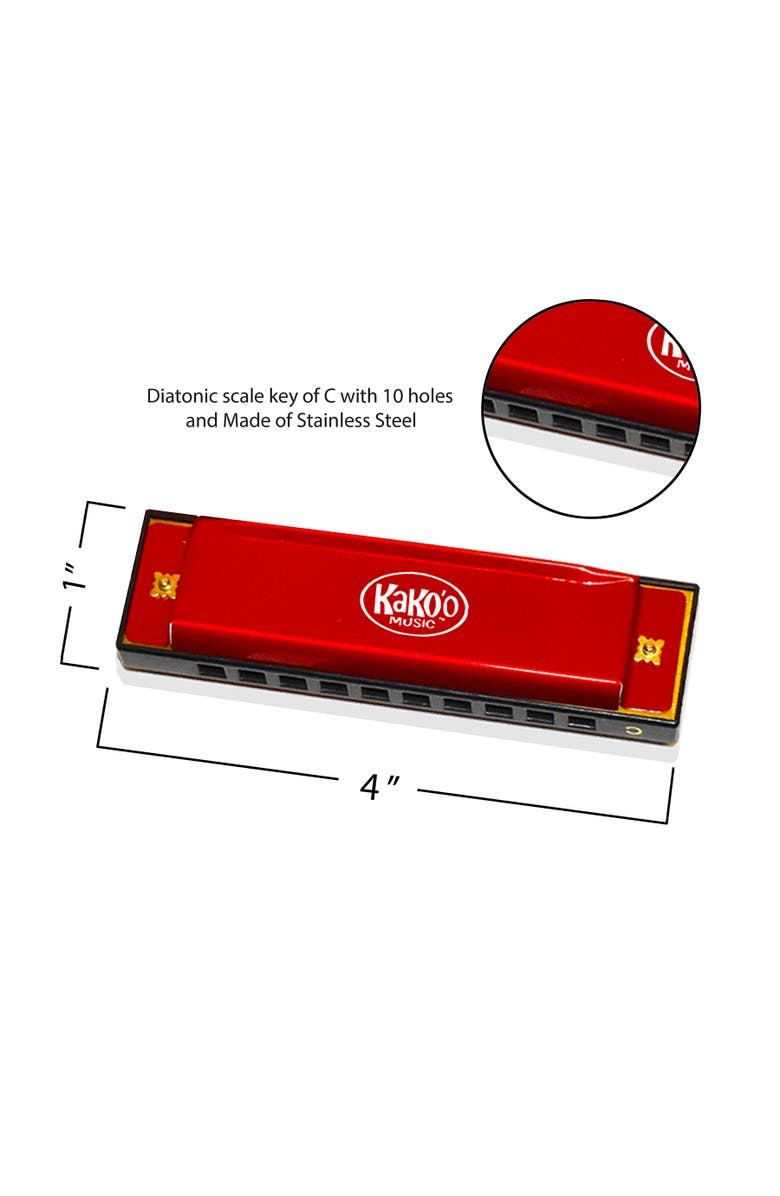 KaKo'o Music Classic Metal Harmonica Red 4 Inch Harmonica With Storage Case, Alternate, color, Multicolored