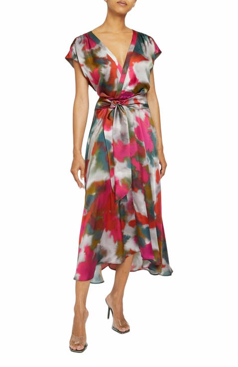 Talia Faux-Wrap Midi Dress with Hi-Lo Skirt in Abstract Print
