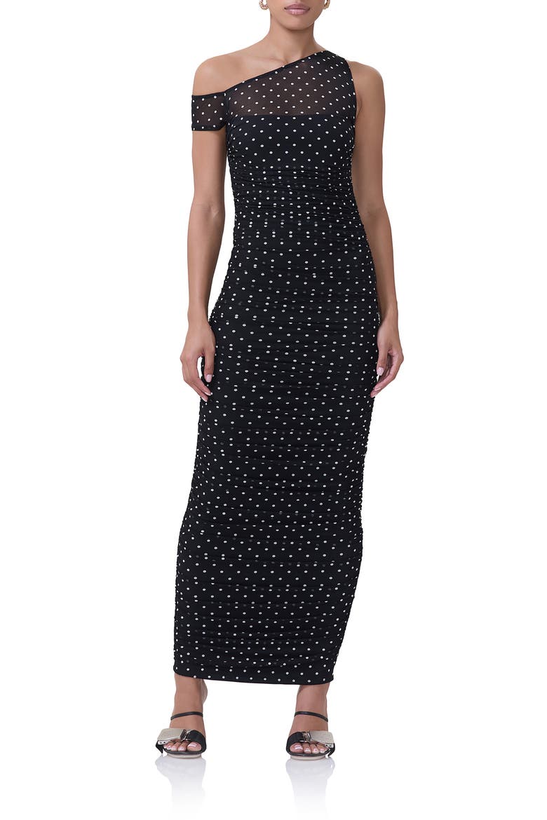 Biona One-Shoulder Ruched Mesh Maxi Dress, Main, color, NOIR DOT