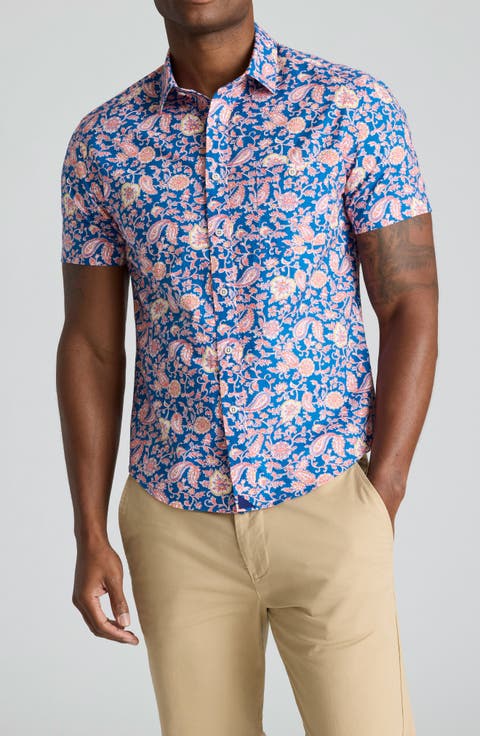 Quarry Regular Fit Paisley Summerweight Short Sleeve Cotton & Linen Button-Up Shirt