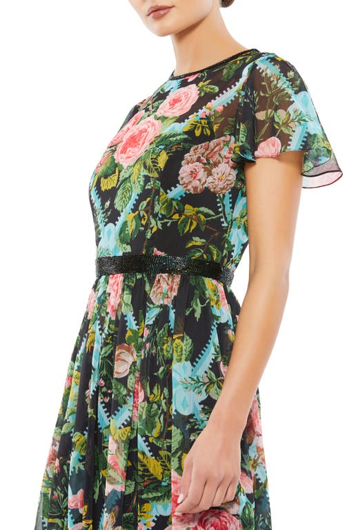 Mac Duggal Floral Illusion Cap Sleeve Midi Dress In Black Multi
