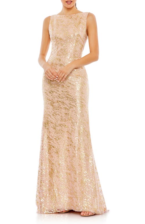 Mac Duggal Sleeveless High Neck Sequin Gown In Neutral