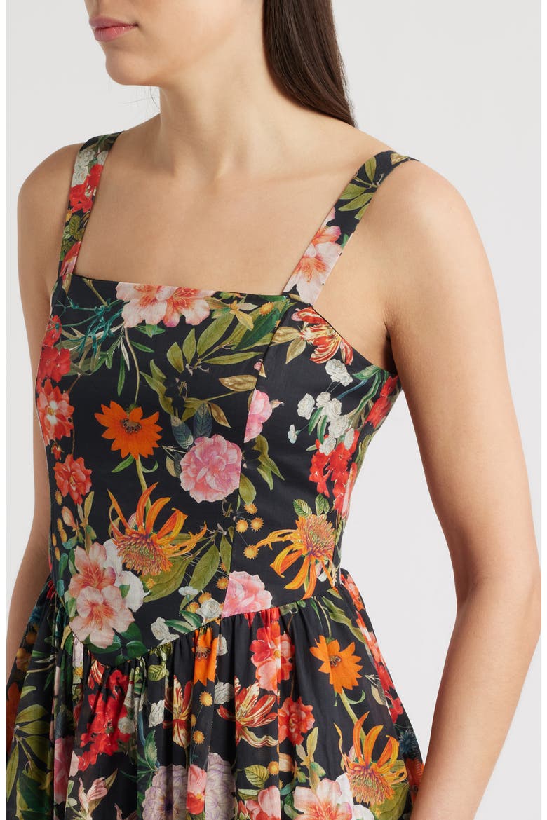 Floral Basque Waist Fit & Flare Midi Dress, Alternate, color, BLACK MULTI