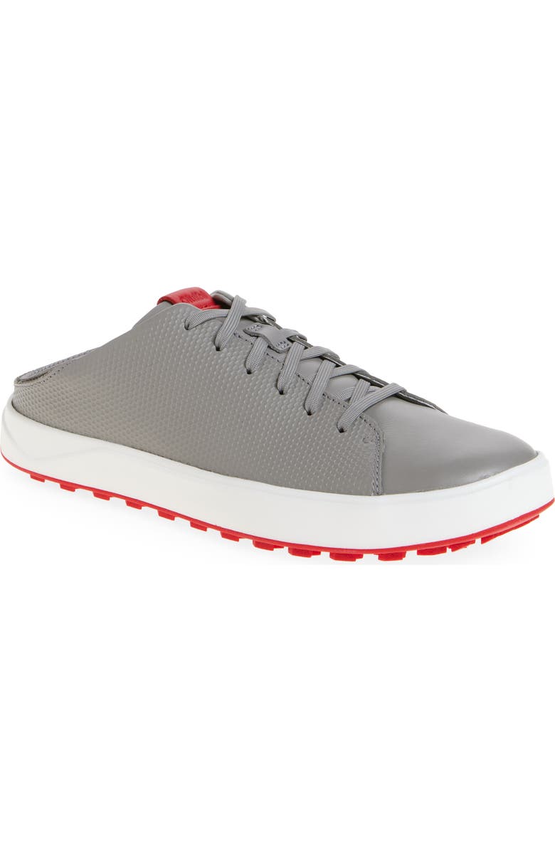 OluKai Wai'Alae Waterproof Leather Golf Shoe, Alternate, color, Ash / Red Lava