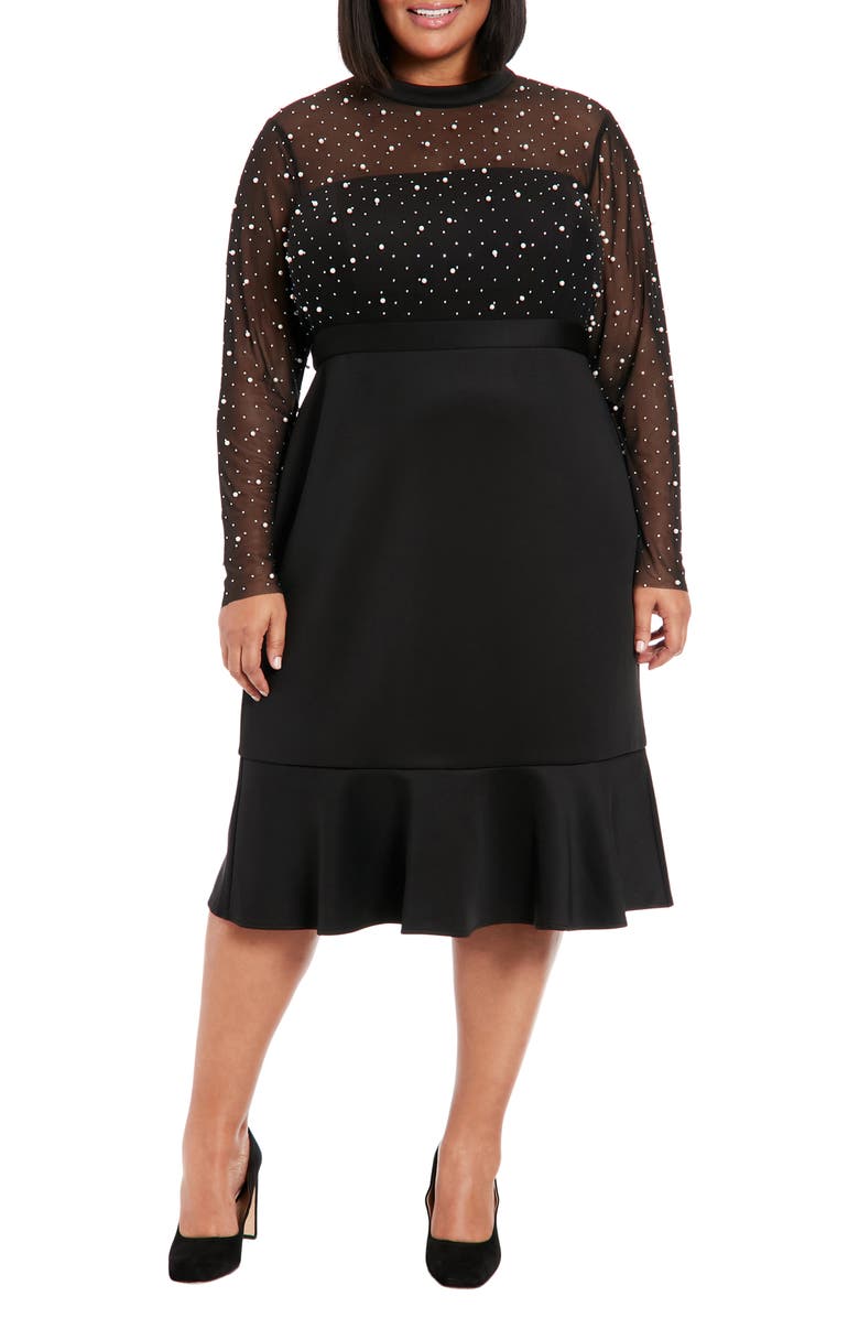 London Times Long Sleeve Faux Pearl Illusion Midi Dress, Main, color, Black