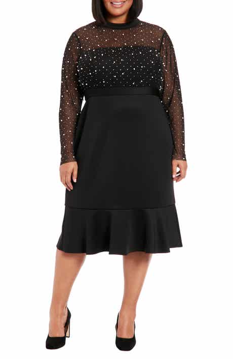 London Times Long Sleeve Faux Pearl Illusion Midi Dress