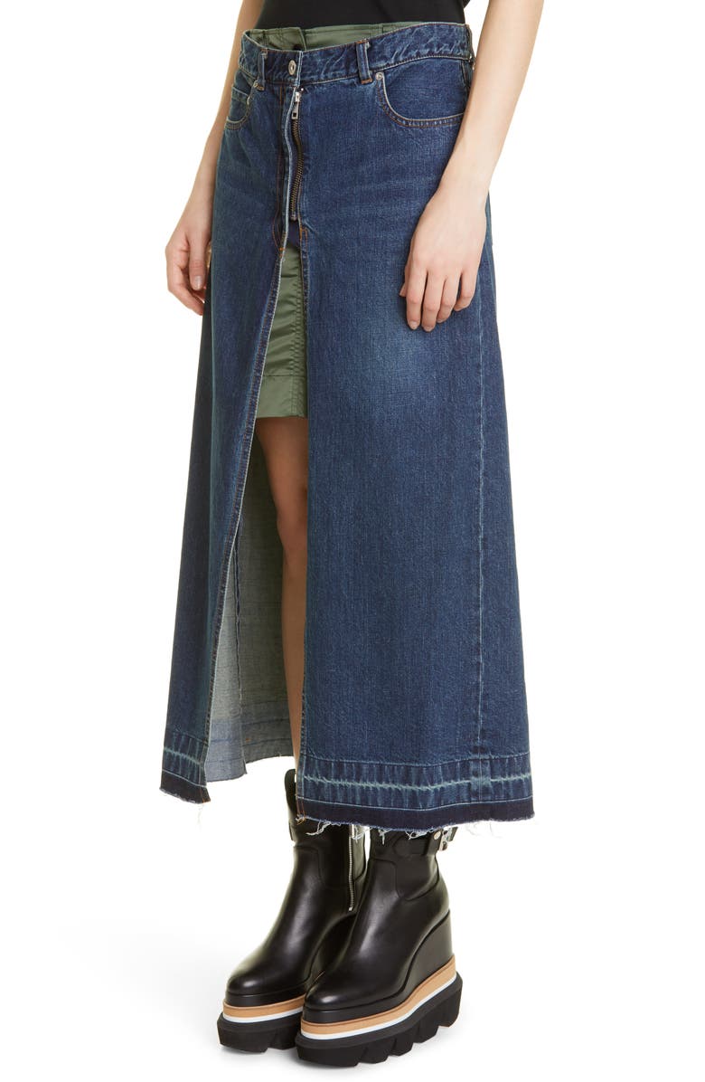 Sacai Hybrid Layered Denim & Nylon Twill Skirt, Alternate, color,