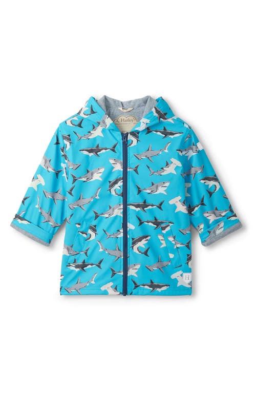 Hatley Kids' Shark Party Color Changing Waterproof Hooded Raincoat In Blue