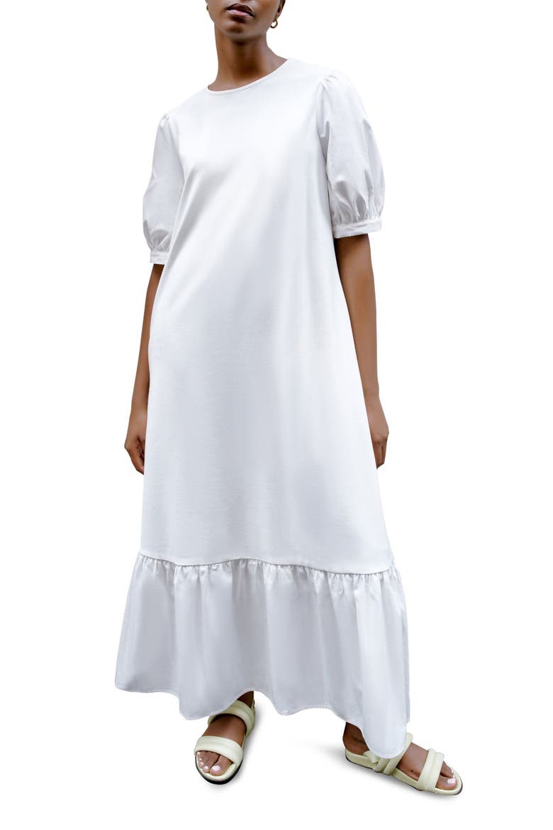 Olivia Mixed Media Midi Dress, Main, color, OFF WHITE