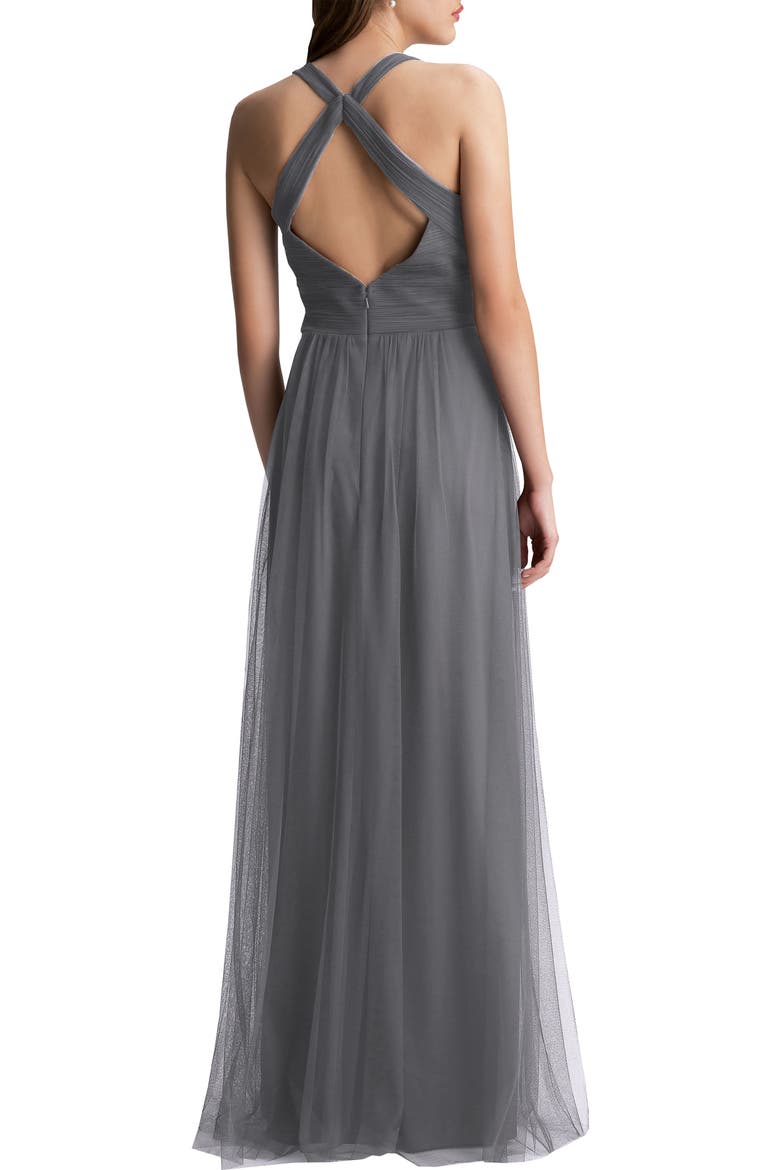Crisscross Strap Tulle A-Line Gown, Alternate, color, PEWTER