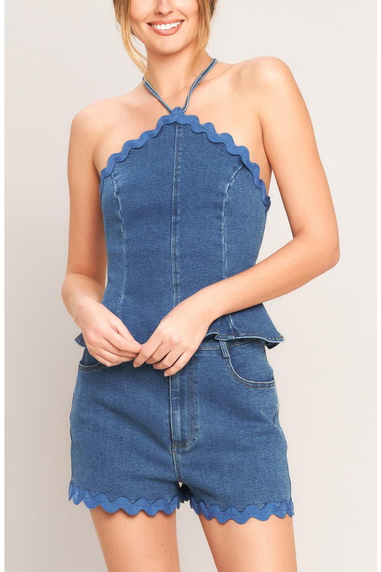 Scalloped Hem Denim Shorts, Alternate, color, MEDIUM INDIGO