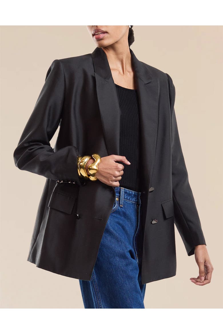 Silk Wool Double Breasted Blazer, Alternate, color, Black