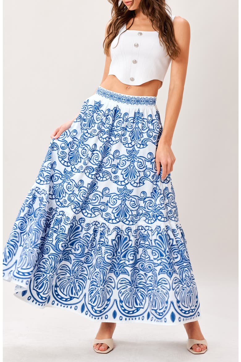 Tiered Cotton Maxi Skirt, Alternate, color, WHITE BLUE