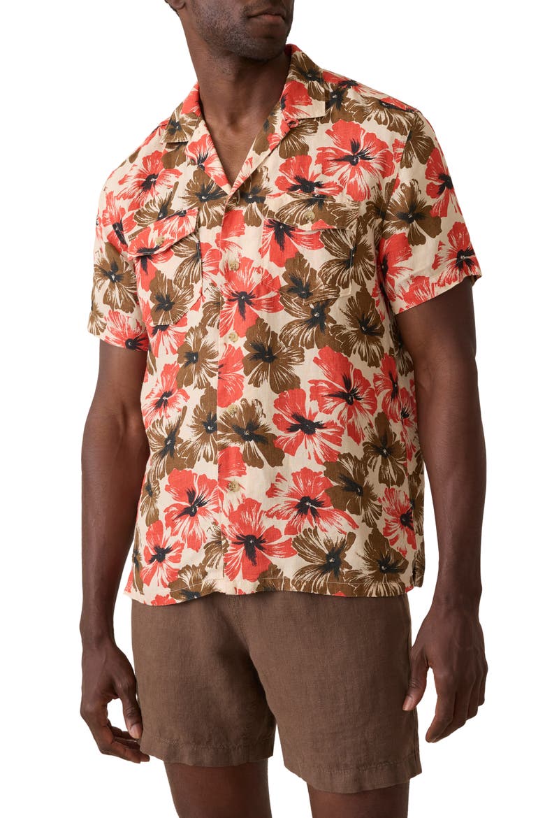 Reserve Basque Houndstooth Linen Camp Shirt, Main, color, WILDWOOD POPPY