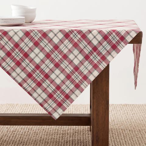 Linen Table Throw 52 X 52 Inch - Almond Plaid