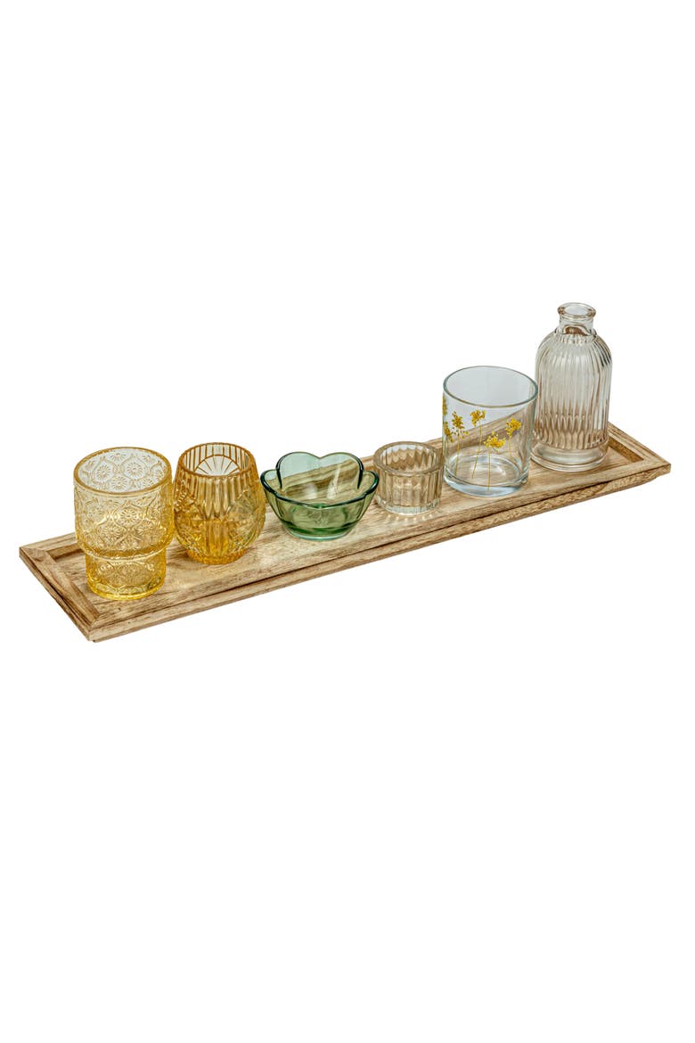 6 Embossed Glass Tealight/Votive Candle Holders with Vase and Wood Tray, Multicolor and Natural, Main, color, Natural
