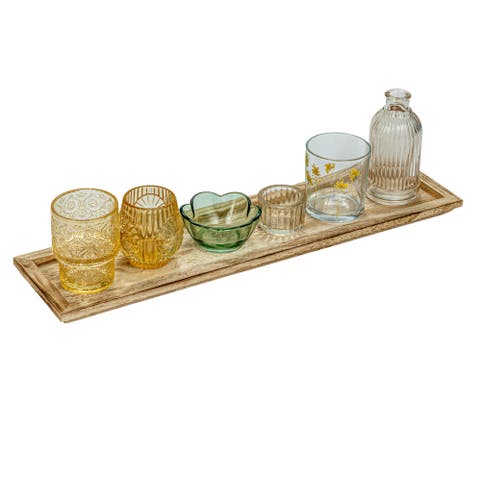 6 Embossed Glass Tealight/Votive Candle Holders with Vase and Wood Tray, Multicolor and Natural