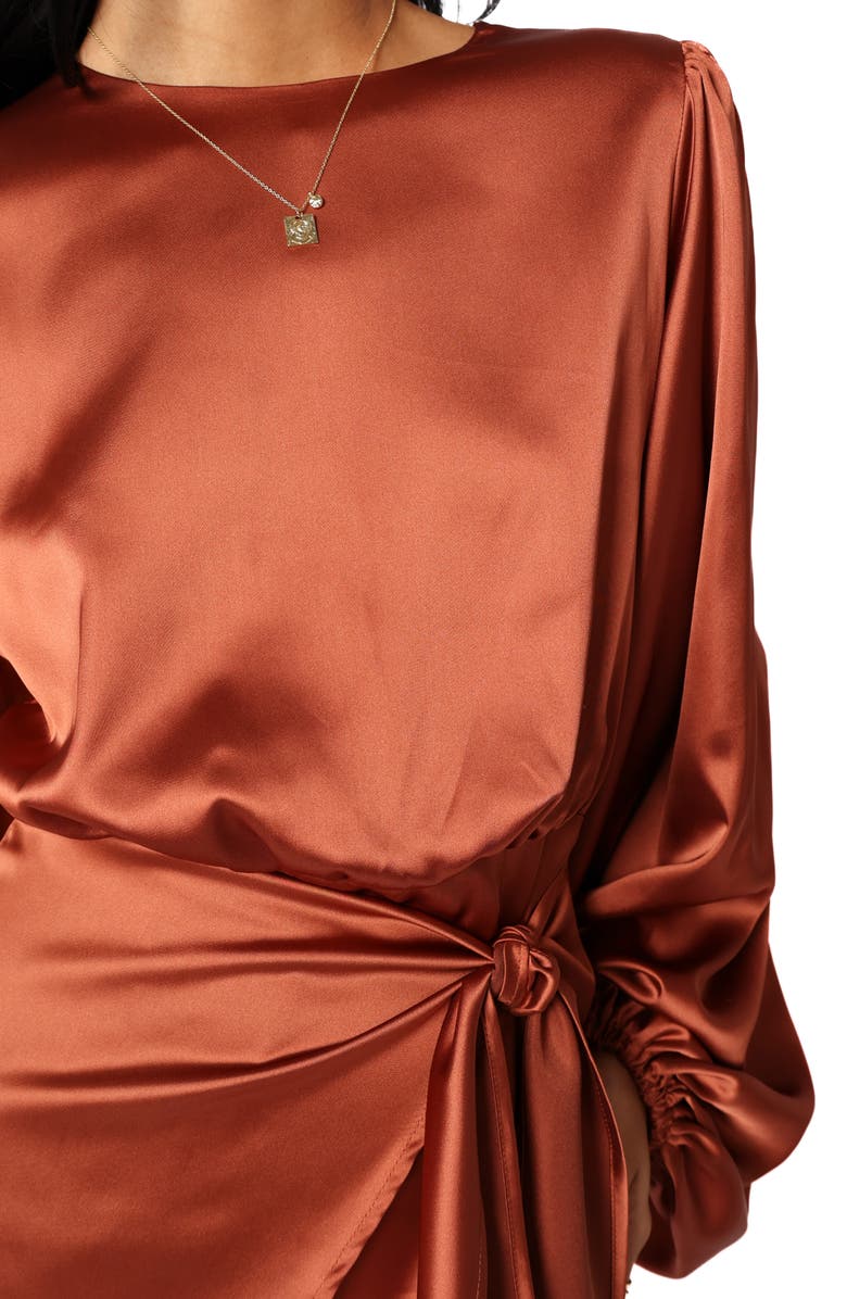 Petal & Pup Opal Tie Waist Long Sleeve Satin Minidress, Alternate, color, Rust