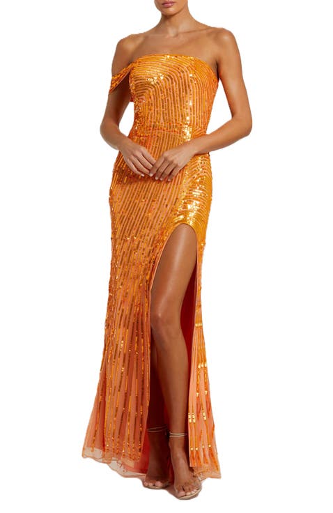 One Shoulder Mesh Sequin Gown With Slit