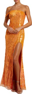 Mac Duggal One Shoulder Mesh Sequin Gown With Slit