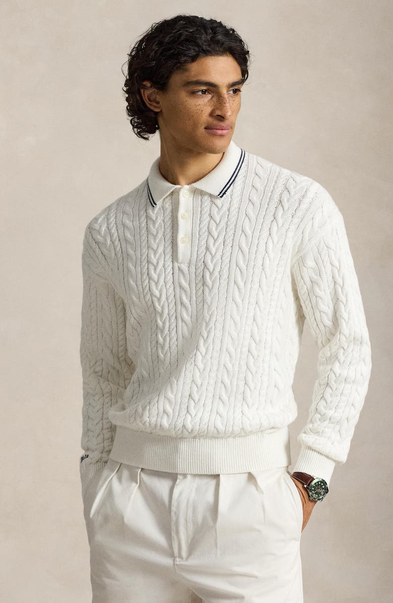 Polo Ralph Lauren Relaxed Fit Cable Stitch Cotton & Linen Polo Sweater, Alternate, color, Trophy Cream