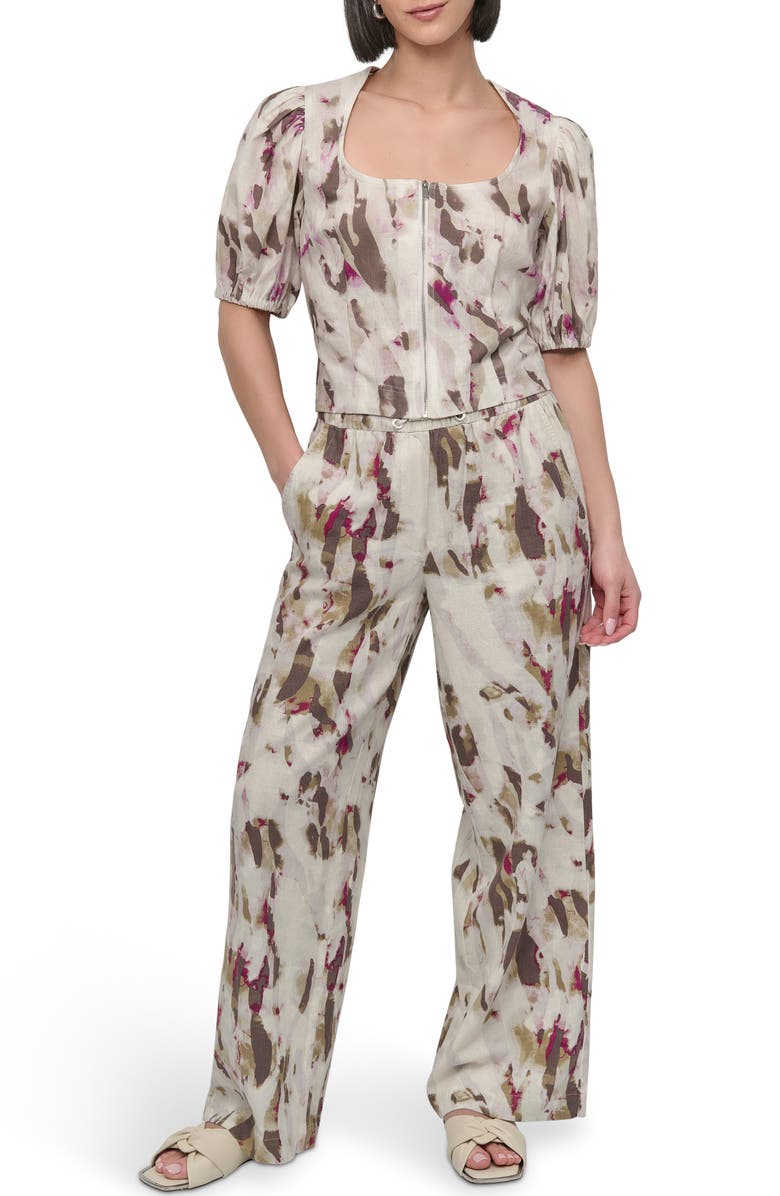 DKNY Print Zip Front Puff Sleeve Linen Blend Top, Alternate, color, Shattered Tiger