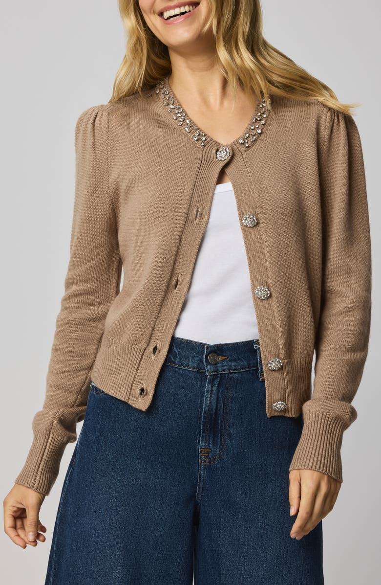 Splendid Montana Crystal Embellished Cardigan, Main, color, Macchiato Heather Brown