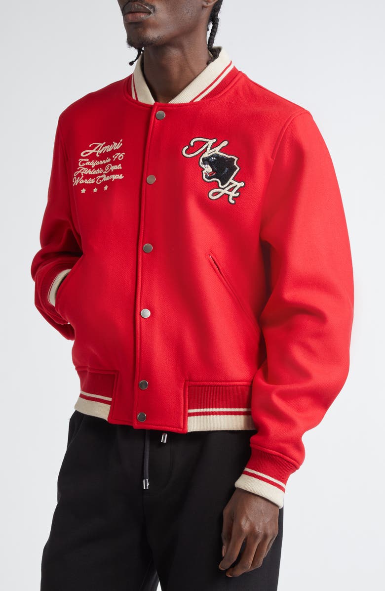 AMIRI Panther Wool Blend Varsity Jacket, Alternate, color, Varsity Red