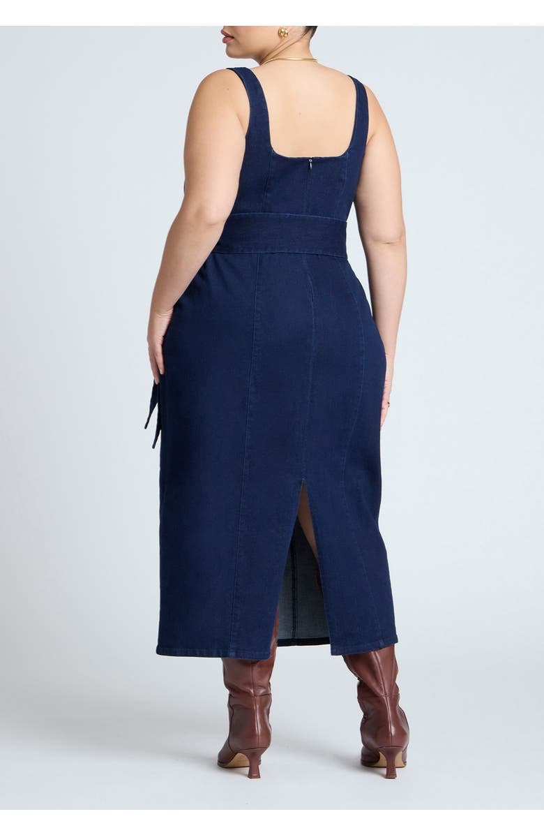 ELOQUII Tie Detail Denim Midi Dress, Alternate, color, Dark Wash