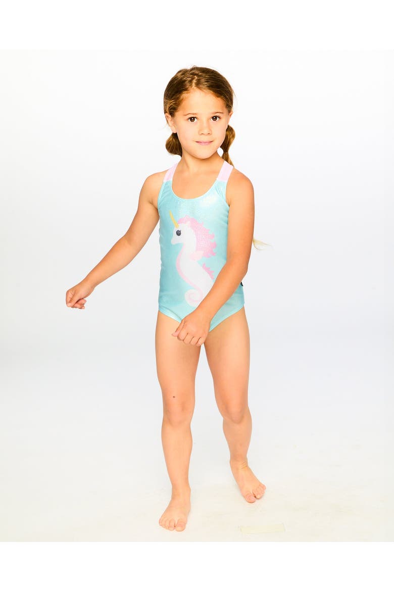 One-Piece Crossed Straps Graphic Swimsuit, Alternate, color, Aqua