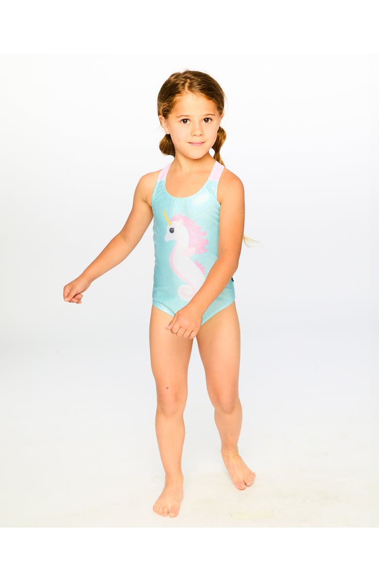 Deux par Deux One-Piece Crossed Straps Graphic Swimsuit, Alternate, color, Aqua