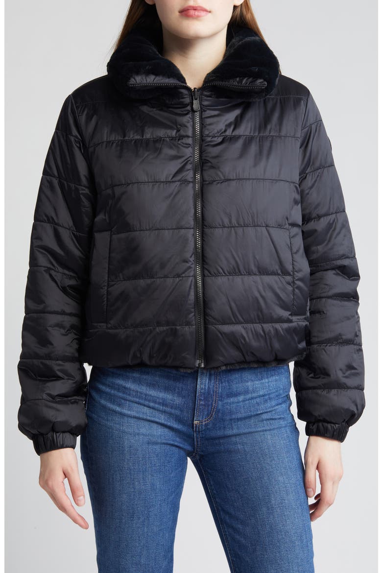 Jeon Wind & Water Resistant Reversible Faux Shearling & Recycled Polyester Puffer Jacket, Alternate, color, BLACK