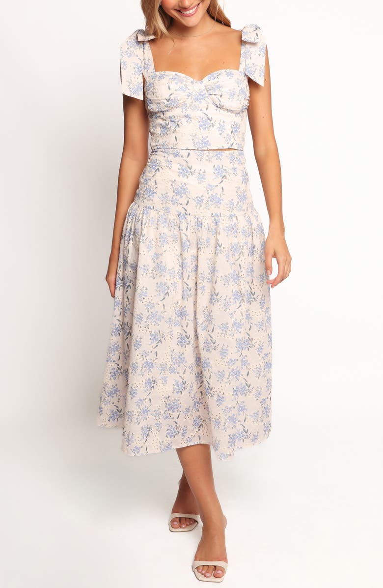 Petal & Pup Kara Floral Eyelet Cotton Crop Top & Midi Skirt Set, Main, color, Blue Floral