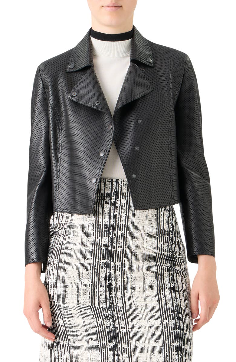 Akris punto Crop Perforated Leather Jacket, Main, color, Black