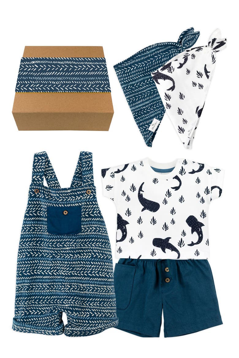 Whaleshark Romper, Graphic Tee, Shorts & Bandana Bibs Gift Set, Main, color, NAVY