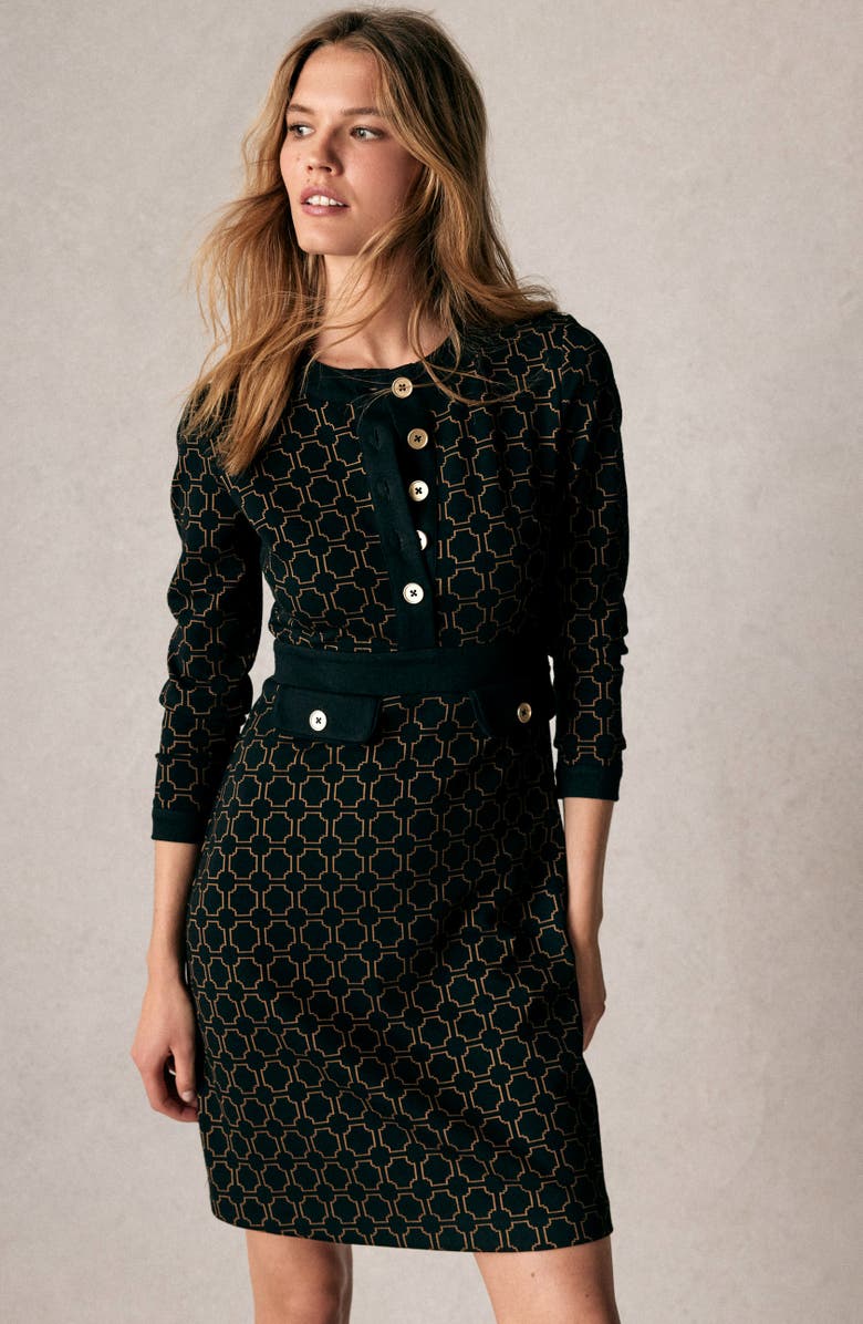 Boden Lavinia Geo Print Long Sleeve Knit Dress, Alternate, color, Black/ Camel Jacquard