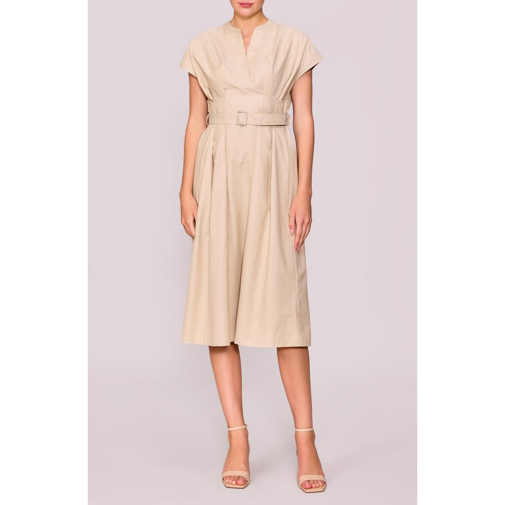 Melloday Split Neck Belted Dress In Neutral