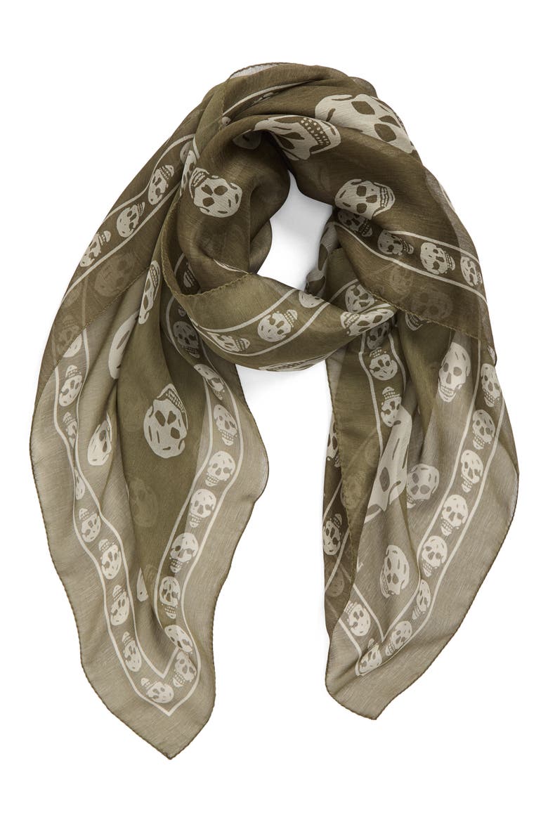 Skull Print Silk Scarf, Alternate, color, OLIVE